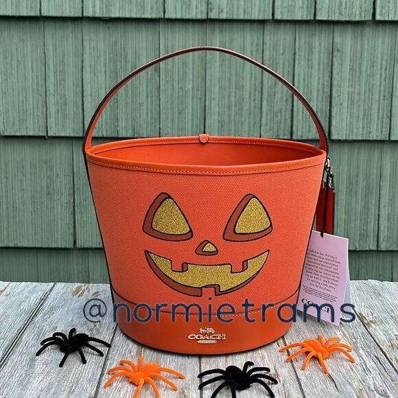 Trick Or Treat Bucket In Canvas & Smooth Leather With Halloween Graphic Handbag - Picture 1 of 11